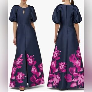 NEW Kay Unger Delfina Puff Sleeve Mikado Midnight/Pink Zinnia Gown Sz 6